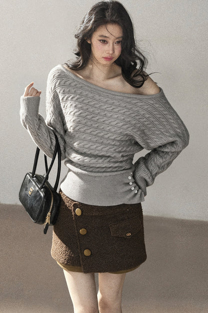 Off-Shoulder Cable Knit Sweater