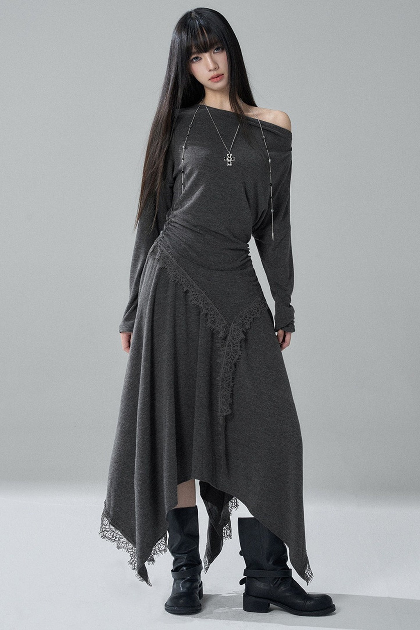 Gray Off-Shoulder Top and Irregular Hem Skirt Set-Up