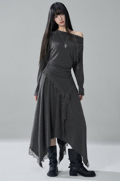 Gray Off-Shoulder Top and Irregular Hem Skirt Set-Up