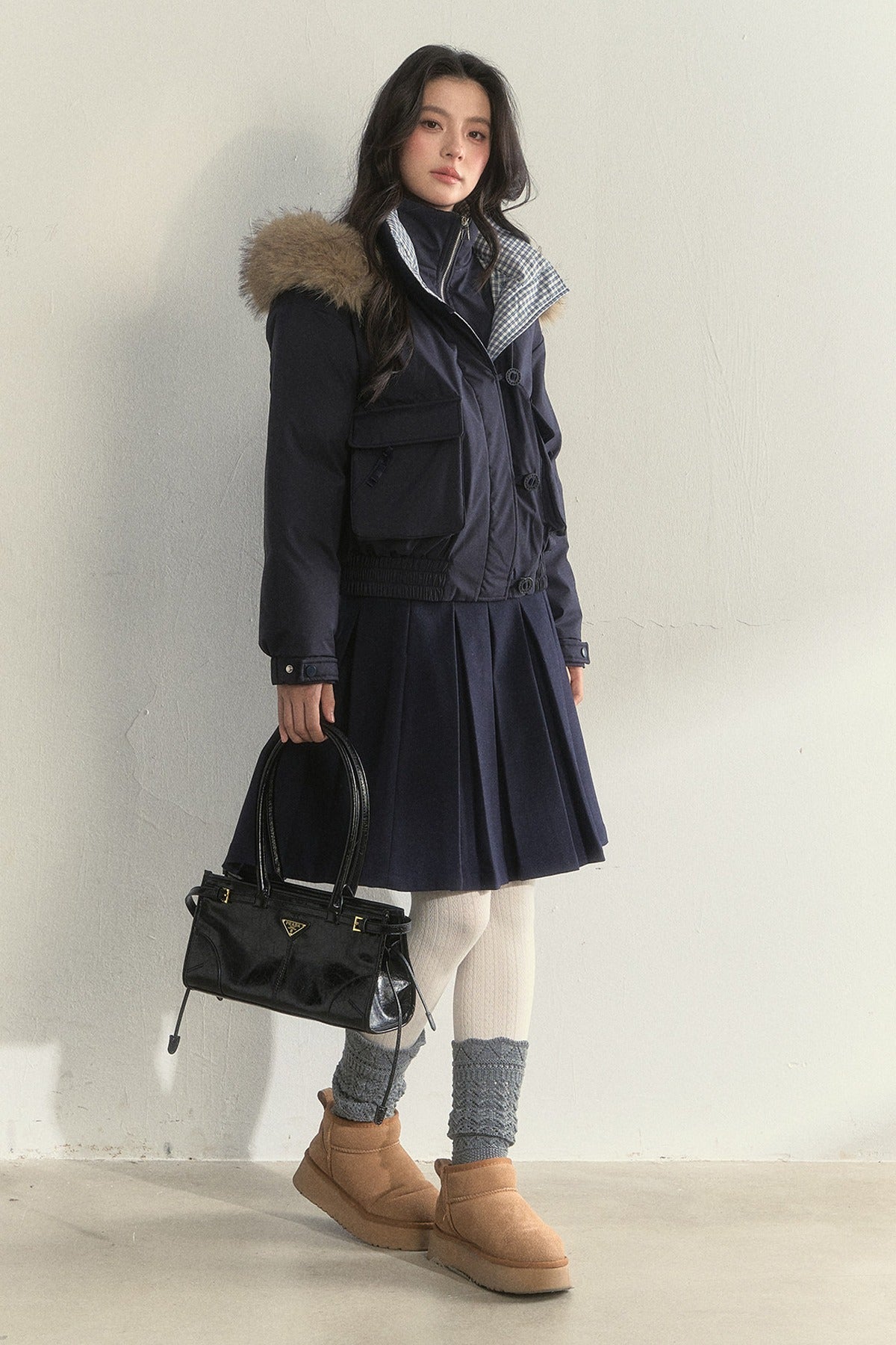 Patchwork Plaid Fur Collar Down Jacket