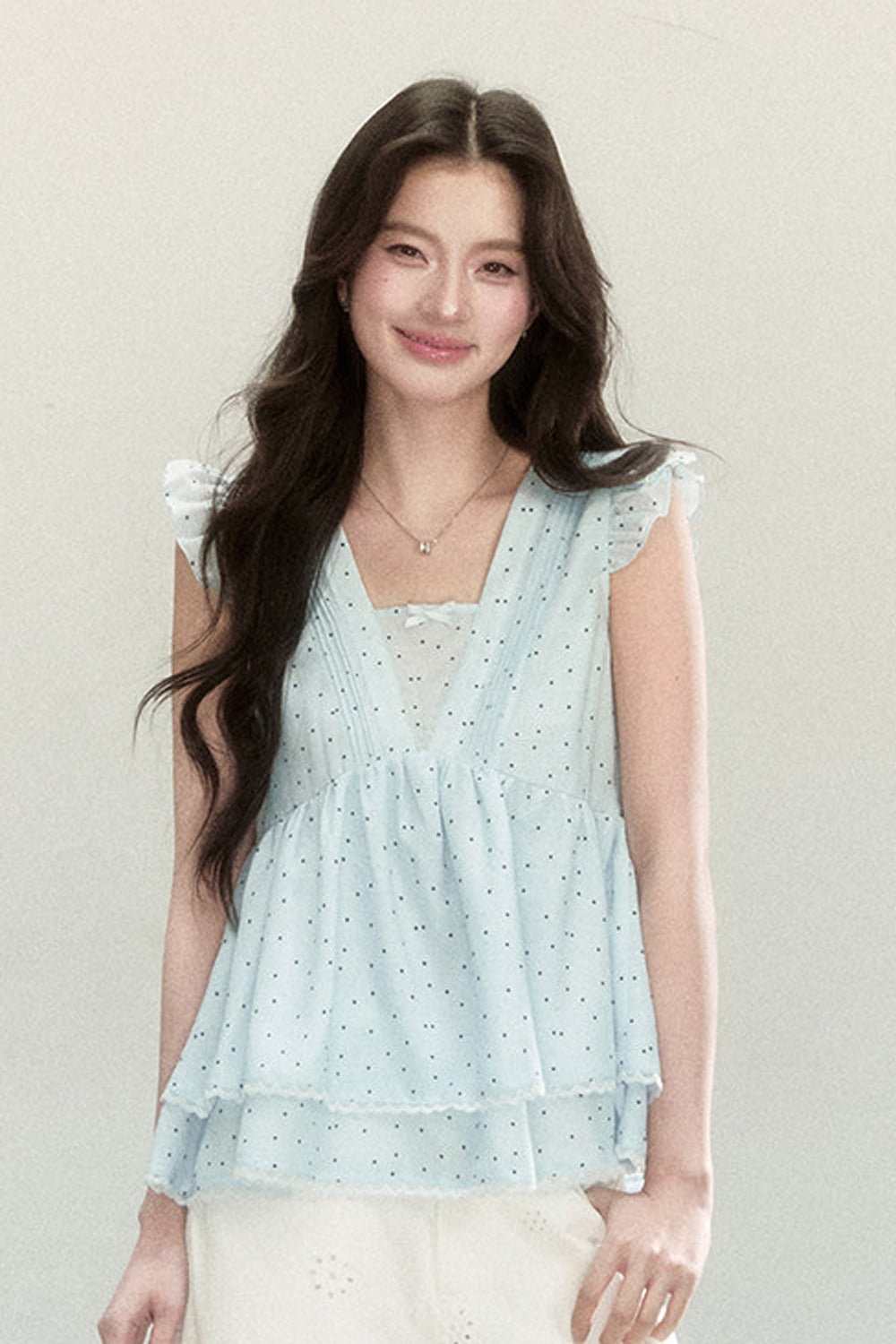 Blue Polka Dot Flutter Sleeve Blouse