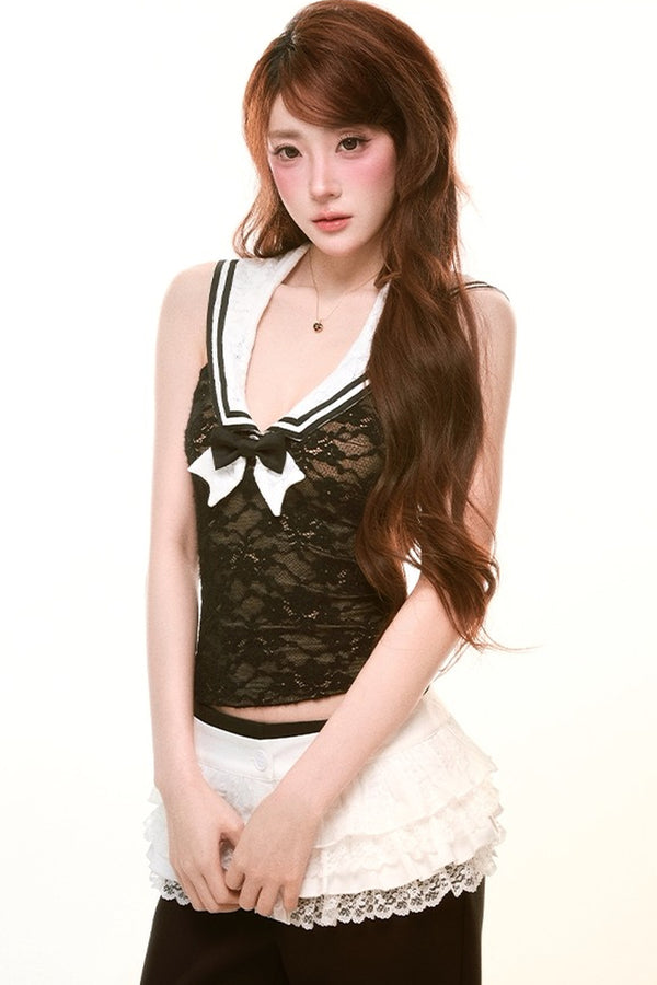 Detachable Bow Lace Top with Tail Skirt and Pants Set-Up