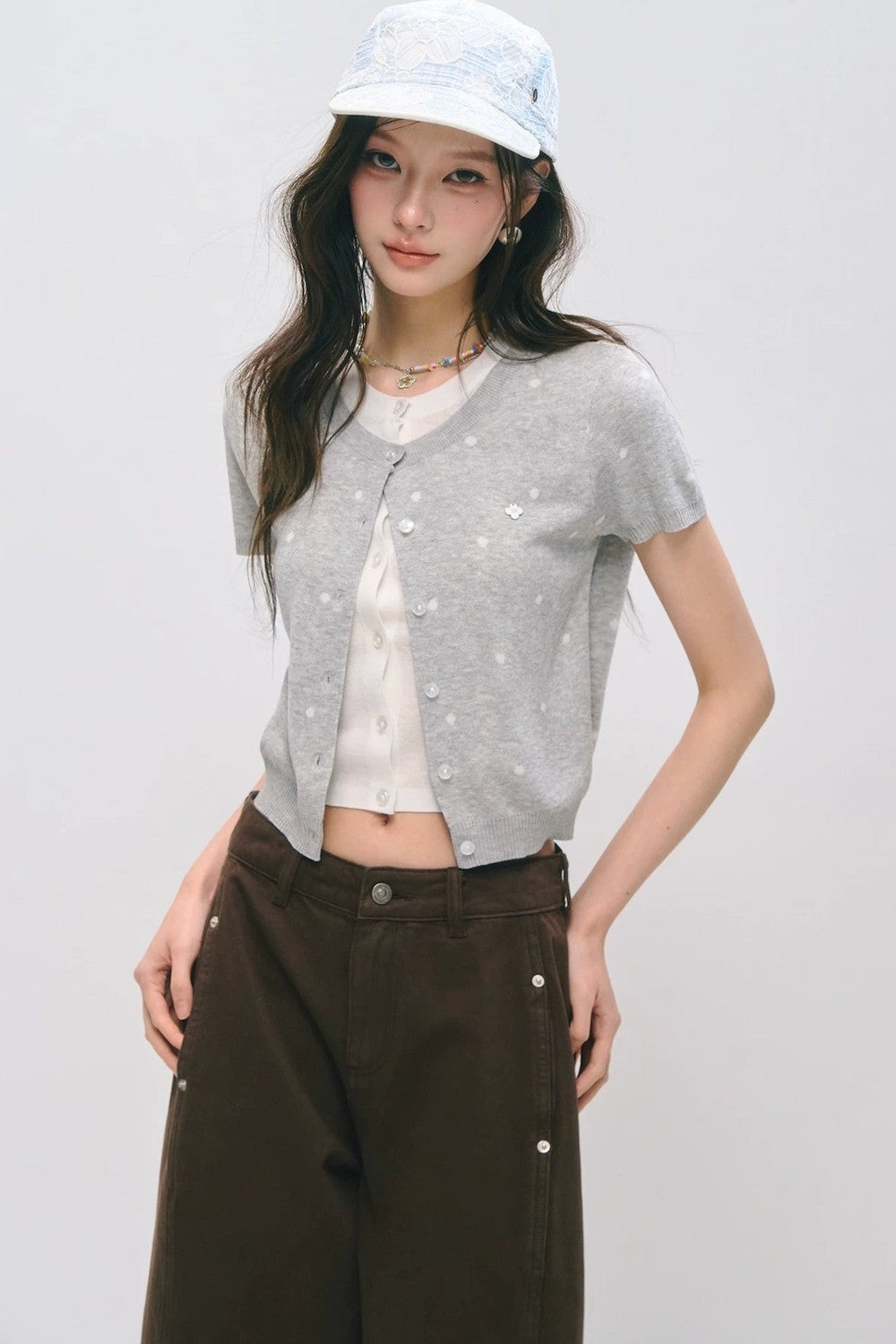 폴카 도트 니트 반소매 탑