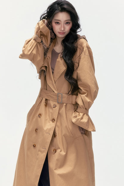 Plaid Patchwork Double-Breasted Hooded Padded Trench Coat
