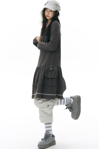 Long-Sleeved Knit Round Neck Tie Dress