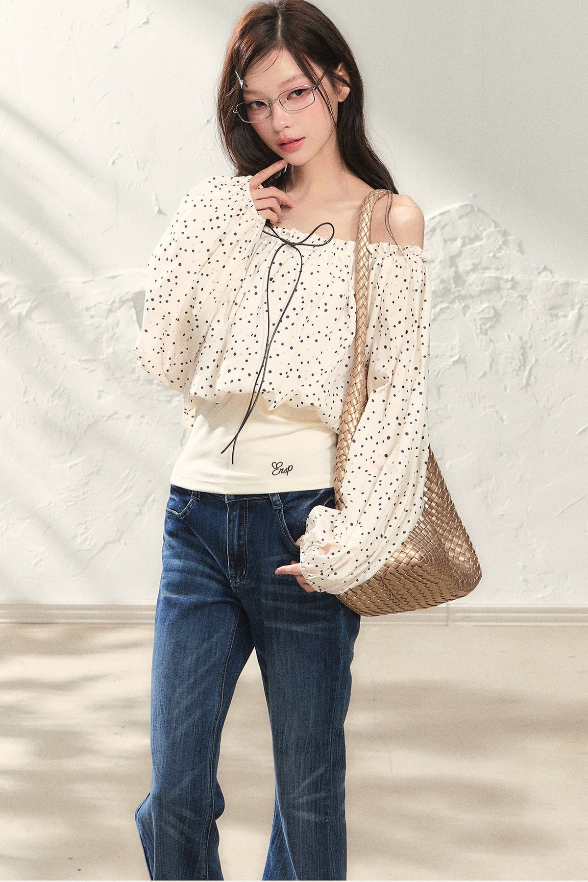 One-Shoulder Polka Dot Chiffon Top and Vest Set-Up
