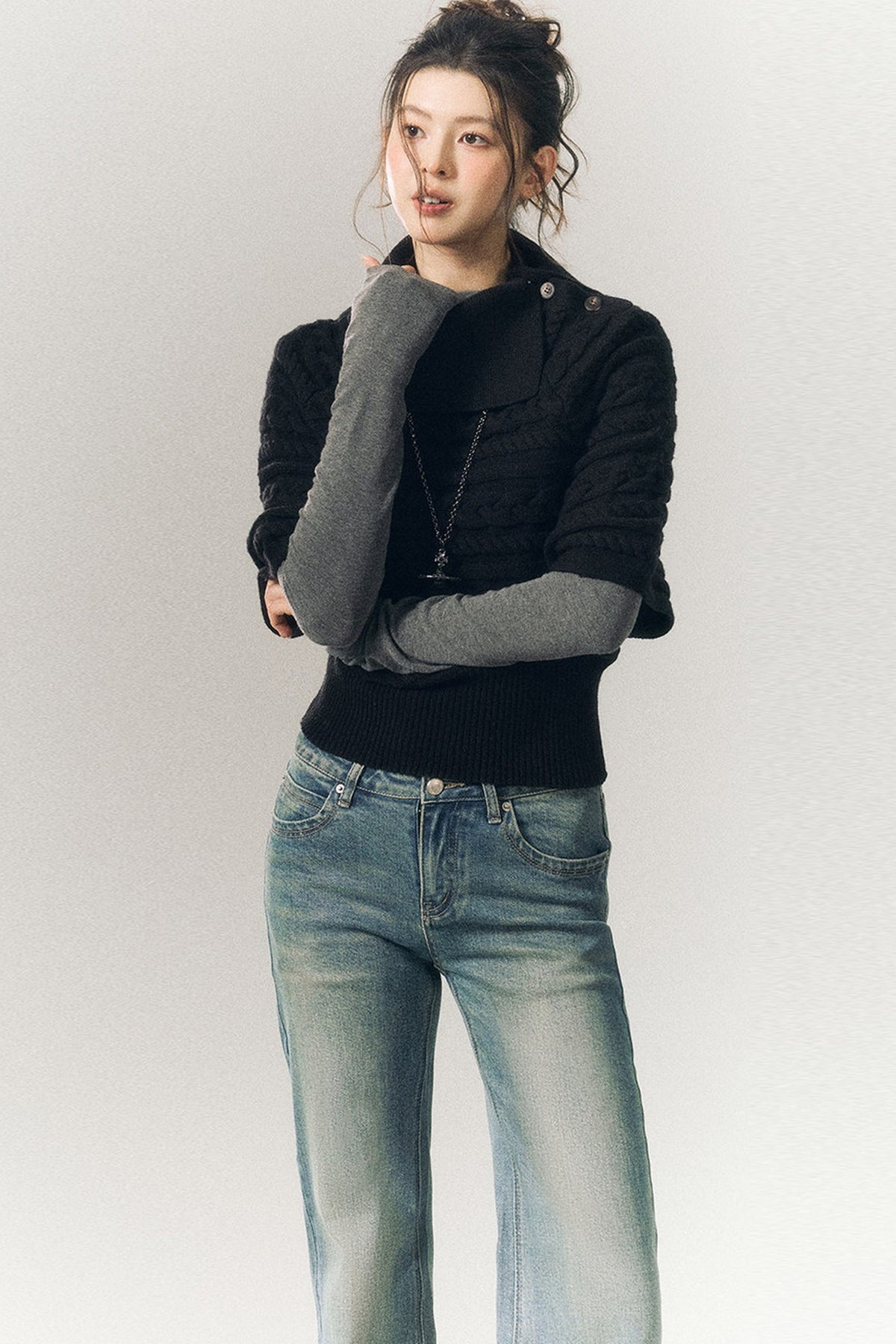 Cable Knit Lapel Cape Sweater