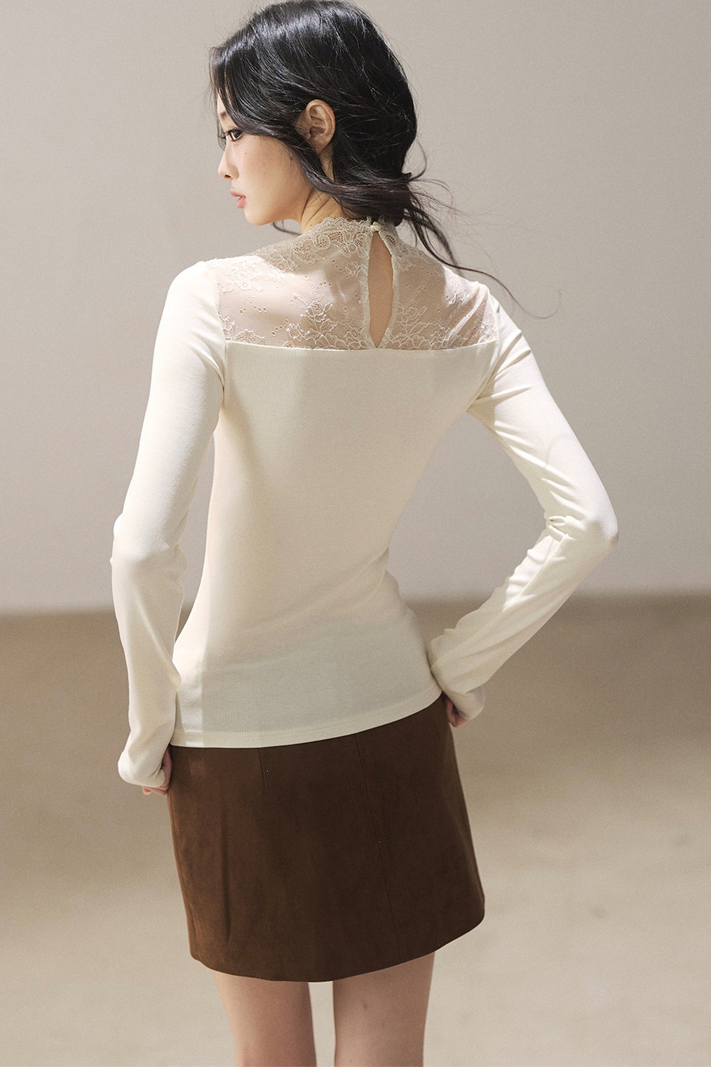 Long-Sleeved Lace Yoke Top