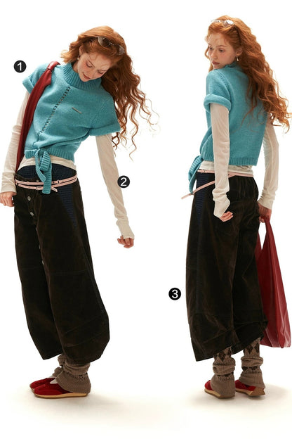Stand-Up Collar Rolled-Sleeve Tie-Up Knit Sweater