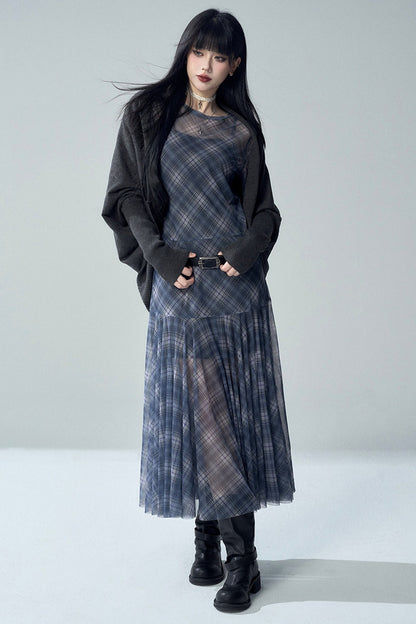 Blue Plaid Long Sleeve Dress Set