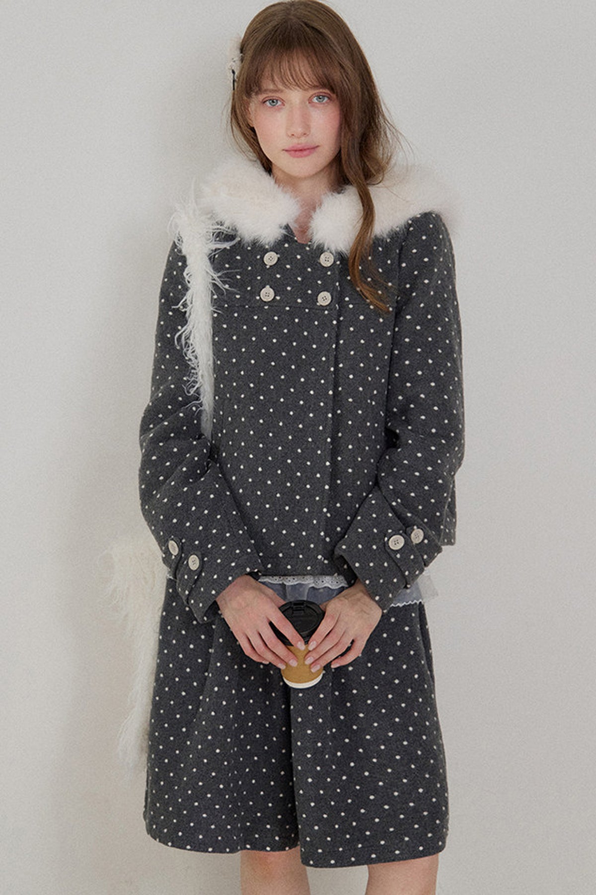 Lace Trim Fur Collar Hooded Coat