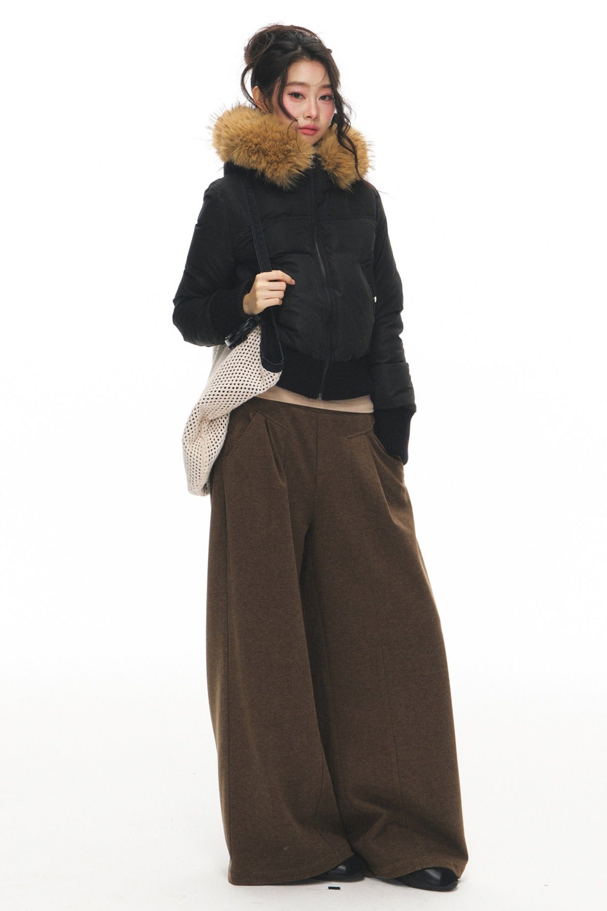 Lightweight Hooded Fur Collar Down Jacket and Pants Set-Up