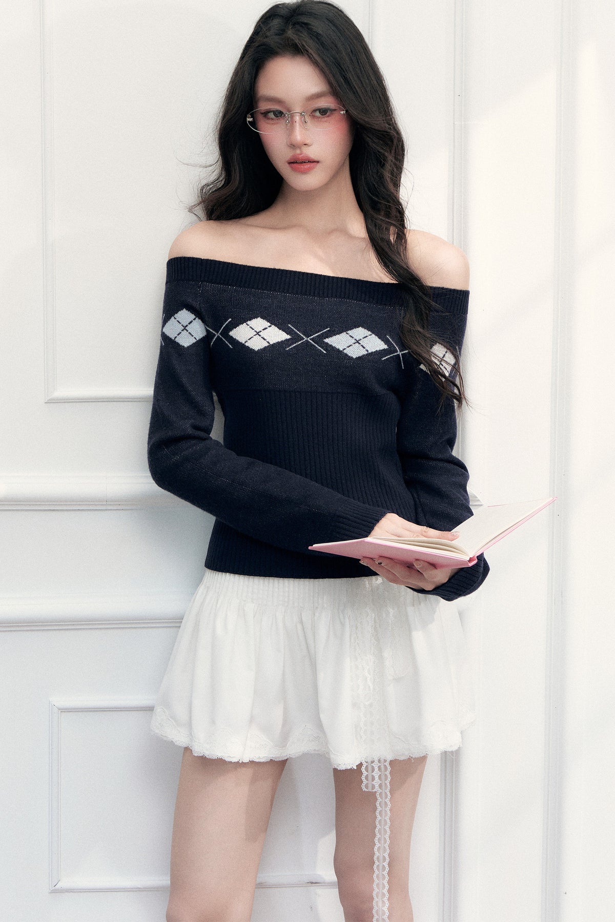 Argyle Off-Shoulder Knit Top