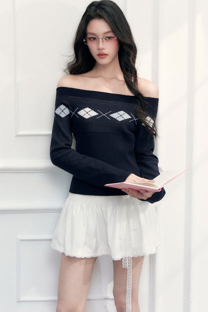 Argyle Off-Shoulder Knit Top
