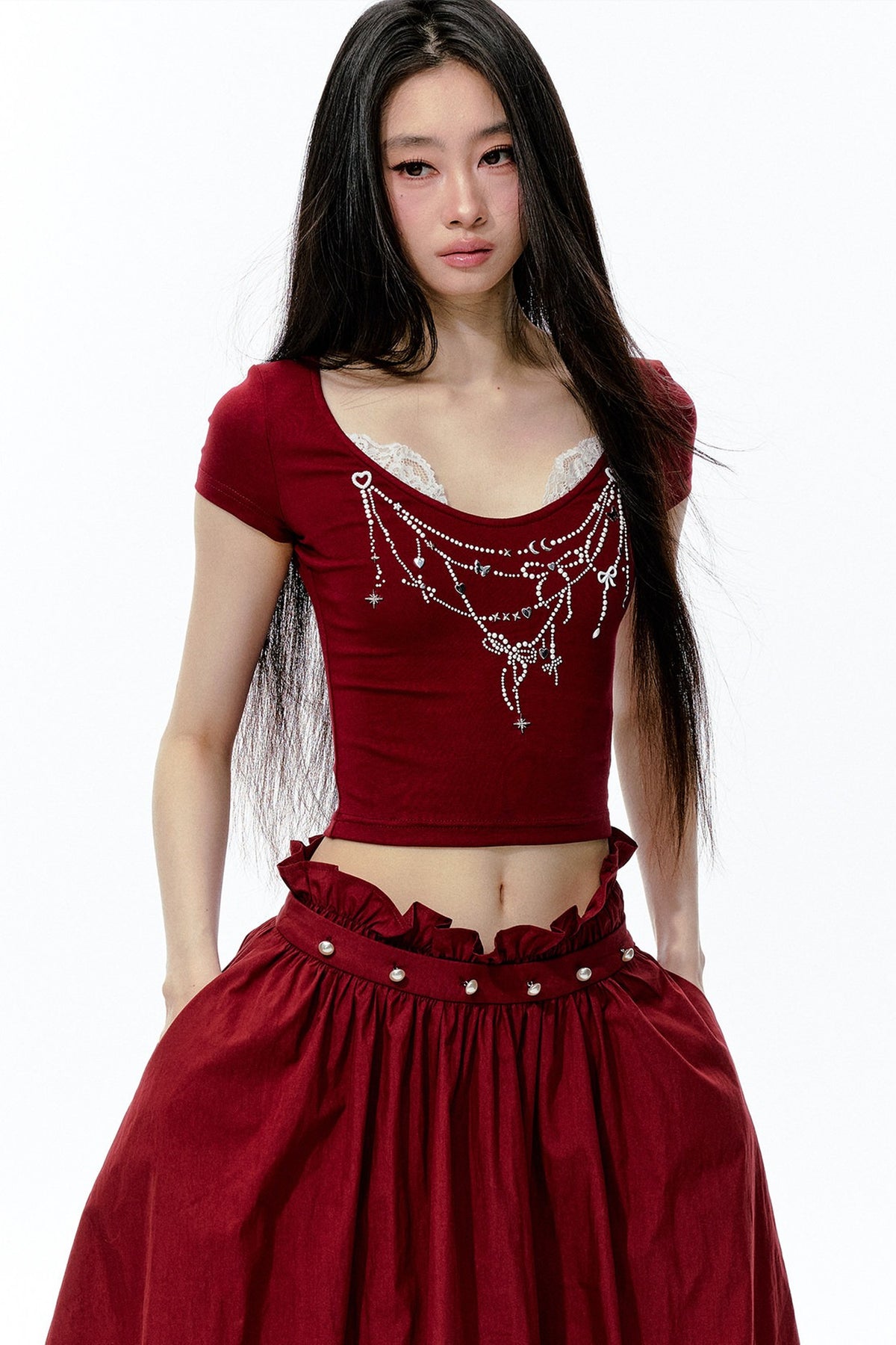 Pearl Rhinestone T-Shirt, Flower Bud Skirt and Pants Set-Up