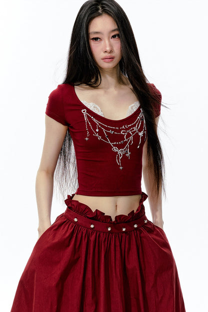 Pearl Rhinestone T-Shirt, Flower Bud Skirt and Pants Set-Up