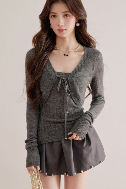 Long-Sleeve V-Neck Lace-Up Knit Sweater