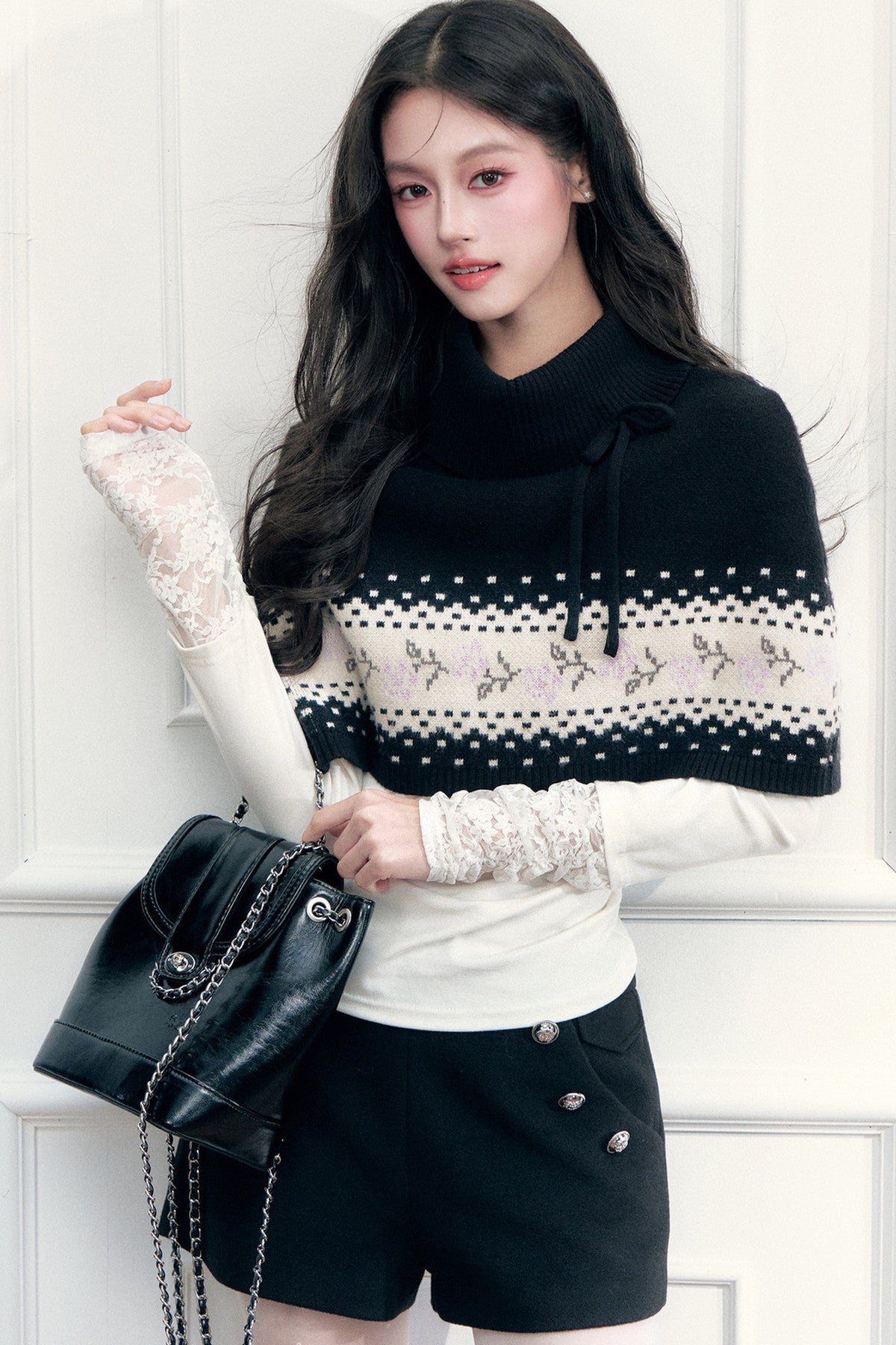 Fair Isle Tie Shawl Cape
