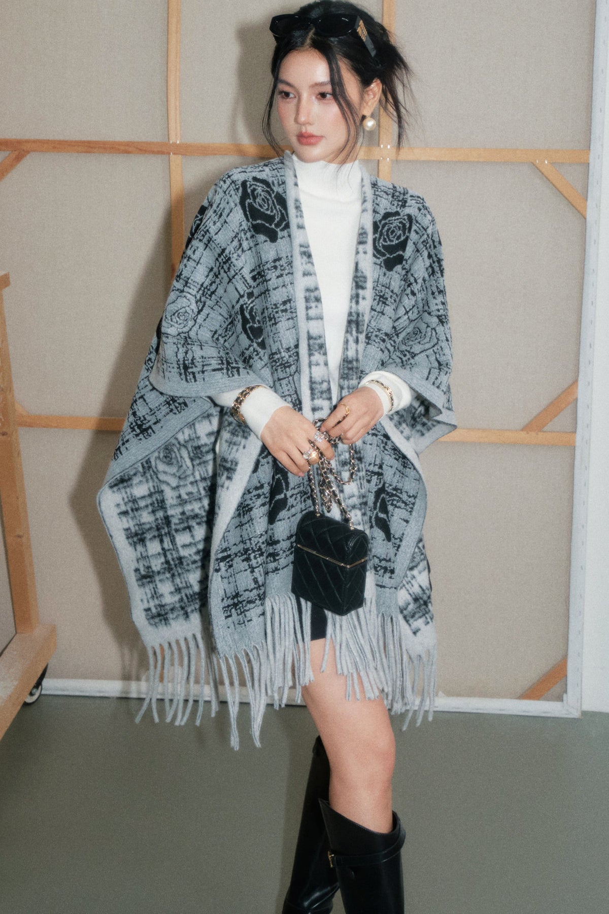 Plaid Rose Tassel Shawl Set-Up