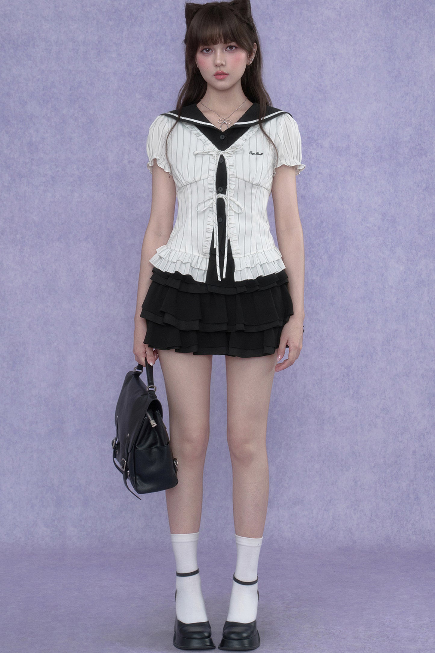 White Sailor-Collar Striped Top