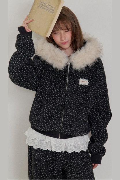 Floral Fur Collar Padded Jacket and Pants