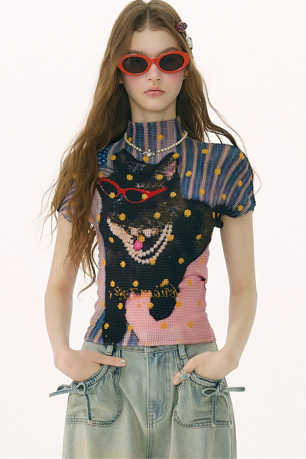 Pleated Cat Print Blouse