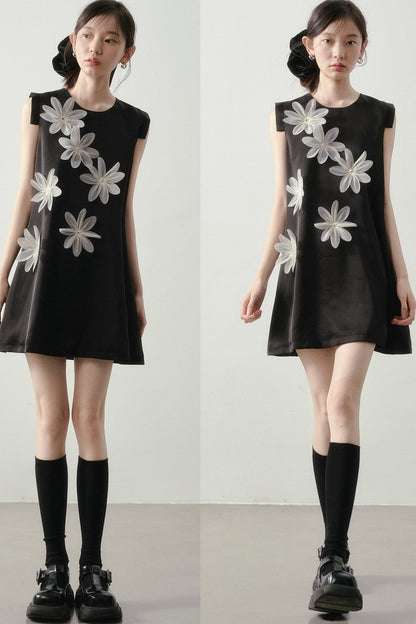 3D Floral Appliqué Satin Sleeveless Dress