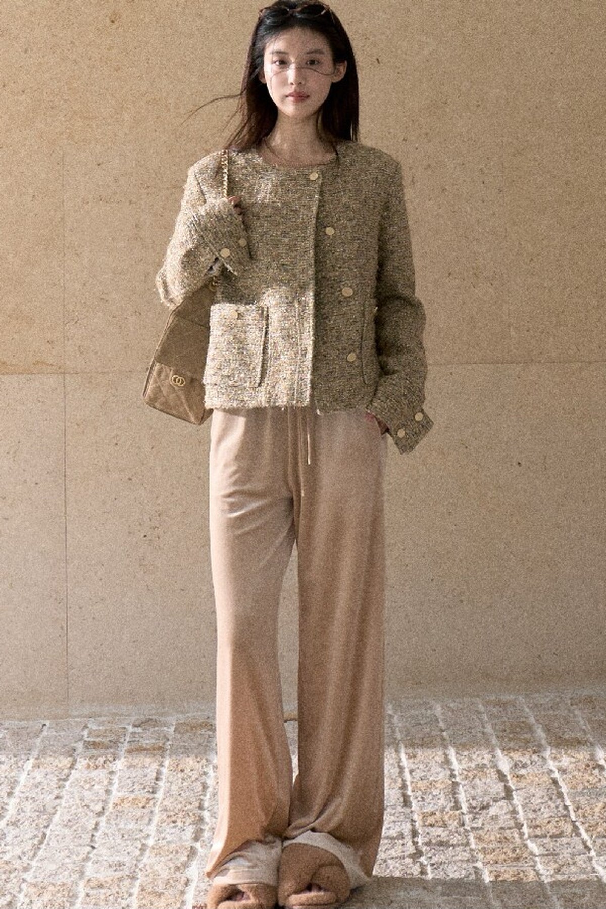 Lace Knit Long-Sleeve Top and Drape Velvet Straight-Leg Pants Set-Up