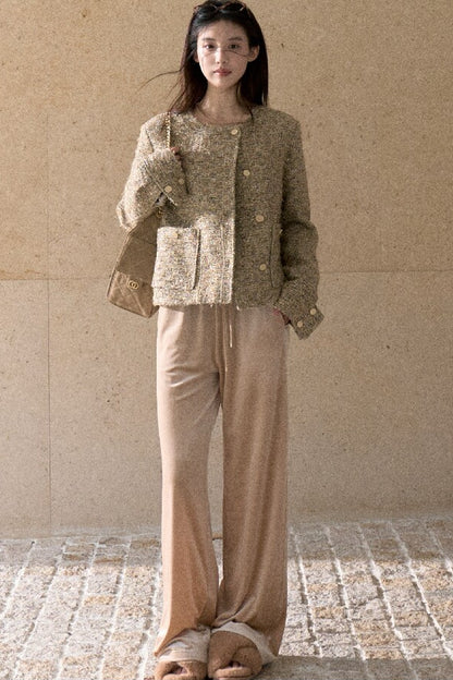 Lace Knit Long-Sleeve Top and Drape Velvet Straight-Leg Pants Set-Up