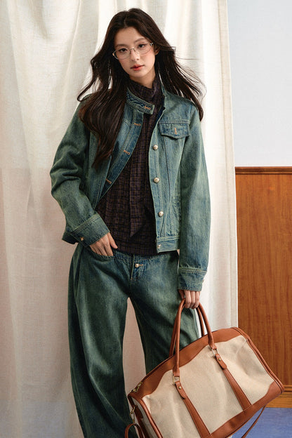 Retro Washed Denim Top and Wide-Leg Pants Set-Up