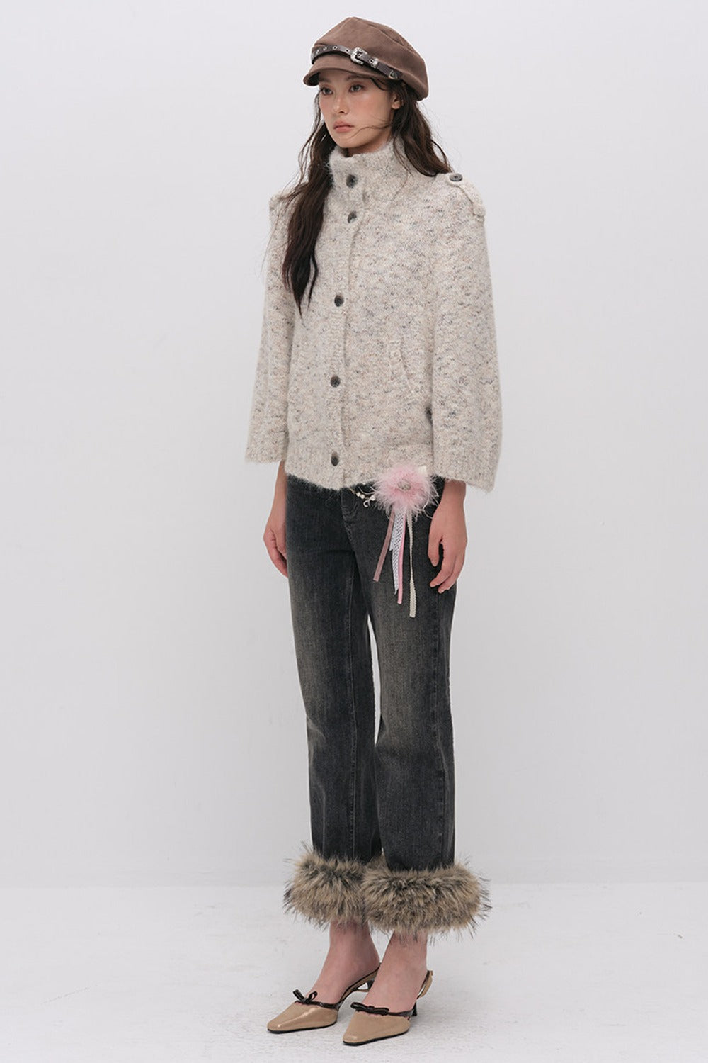 Stand Collar Corsage Knit Cardigan