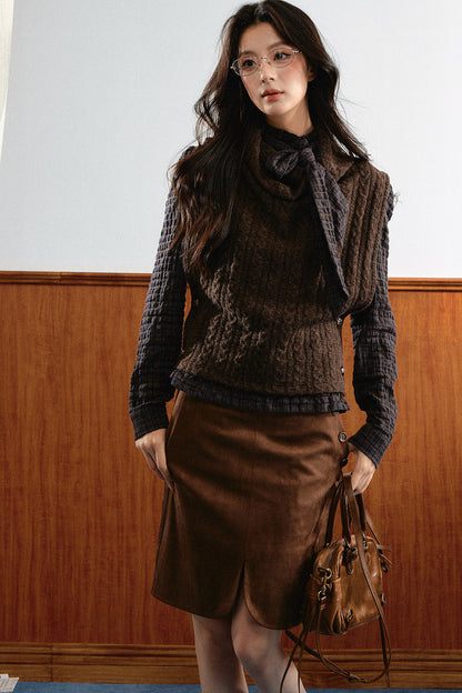 Retro Plaid Ribbon Top and Suede Skirt Set-Up