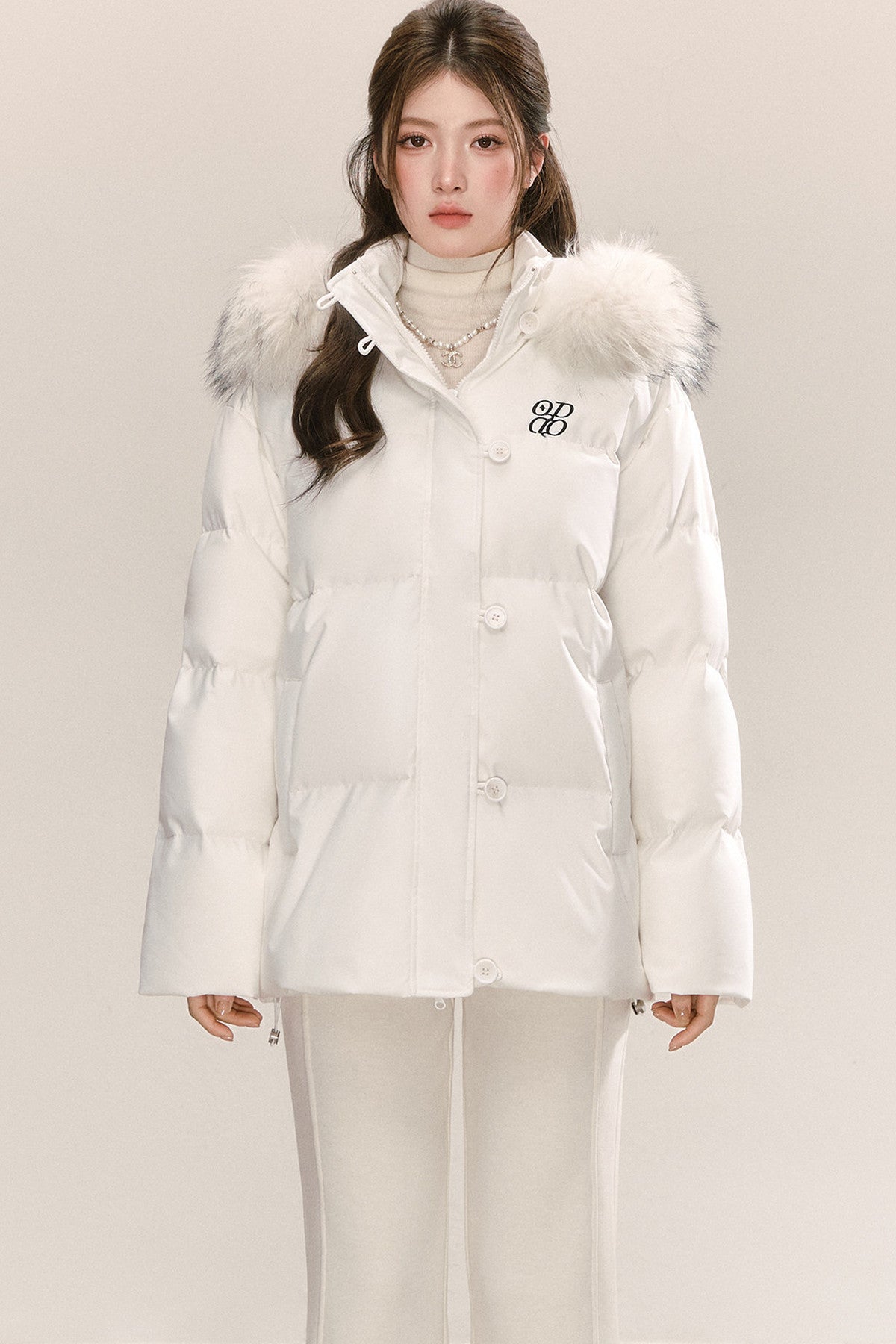 Raccoon Fur Collar Hooded White Down Jacket