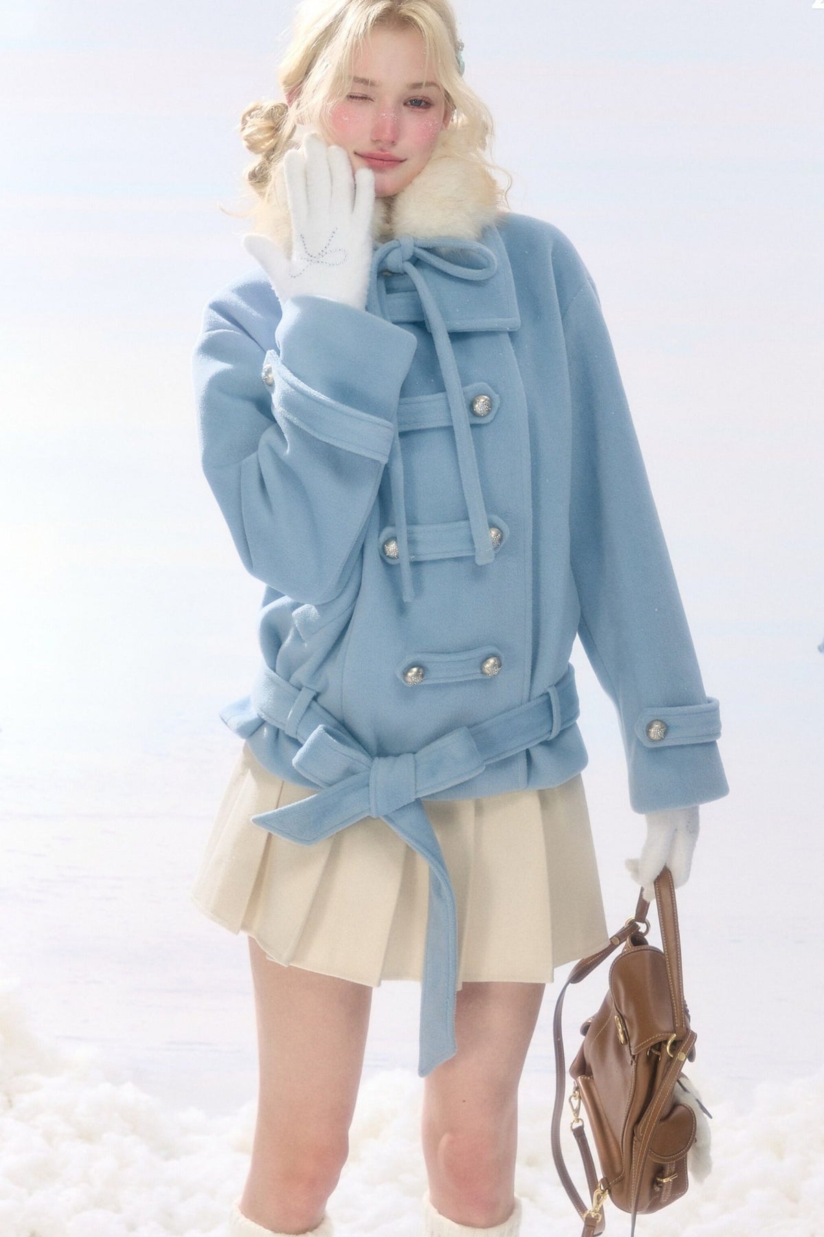 Light Blue Plush Stand Collar Coat