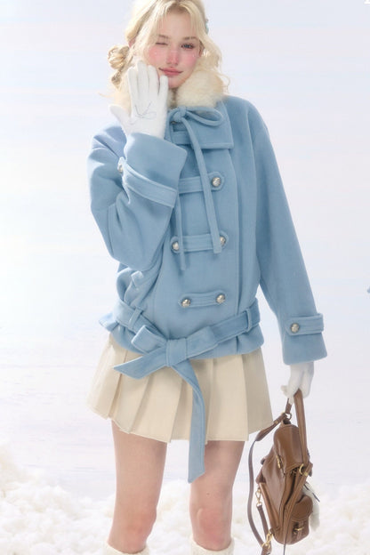 Light Blue Plush Stand Collar Coat