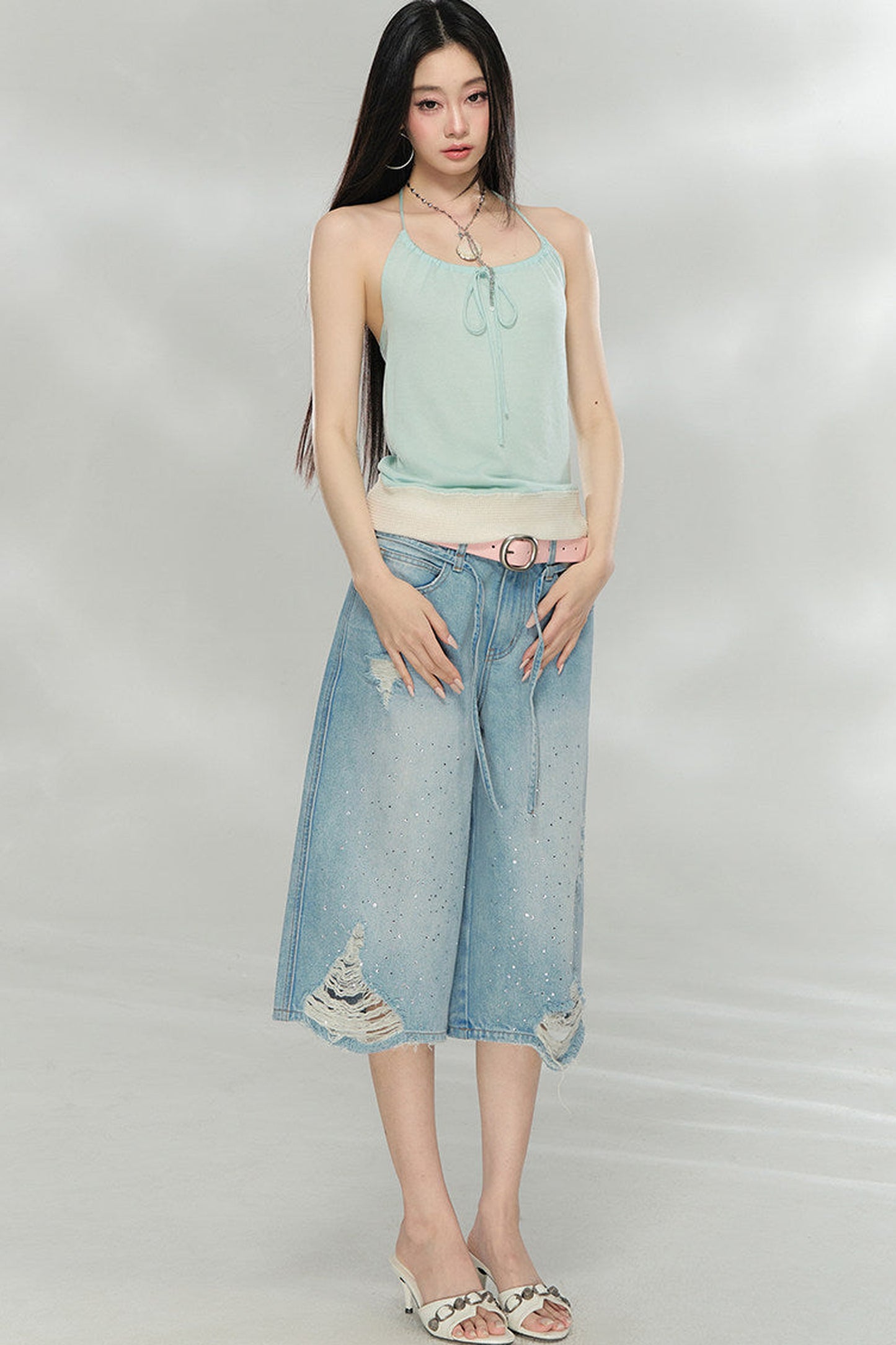 Rhinestone Distressed Denim Pants