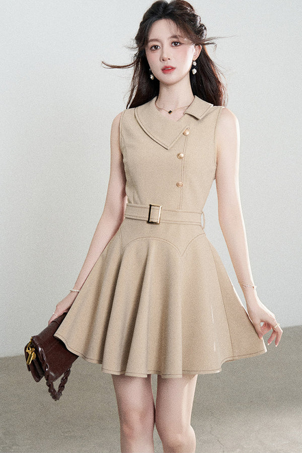 Khaki Asymmetrical Collar Sleeveless A-Line Dress