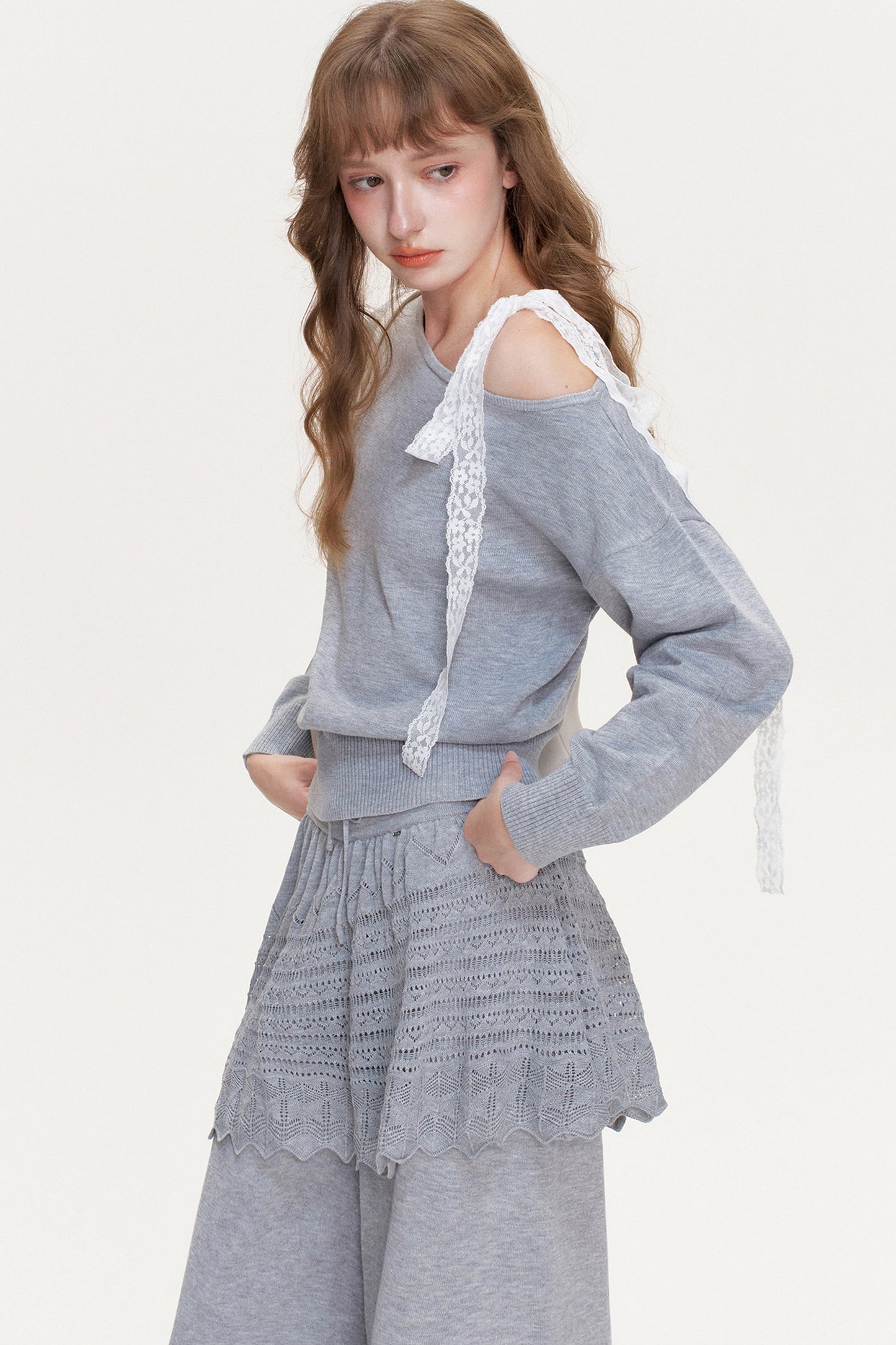 Wool Blend Off-Shoulder Lace Bow Knit Sweater and Pants Set-Up