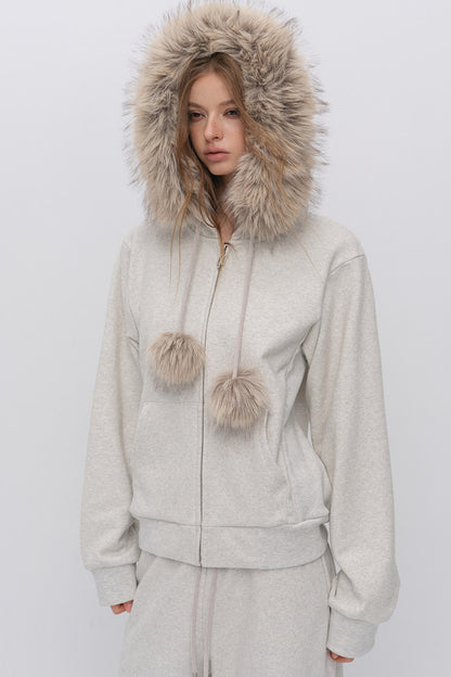 Fur Trim Hooded Sweatshirt and Sweatpants Set-Up