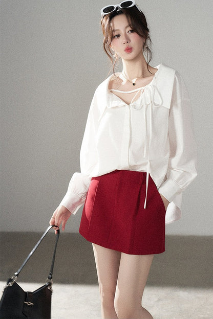 Long-Sleeve V-Neck Shirt and Skirt Set-Up