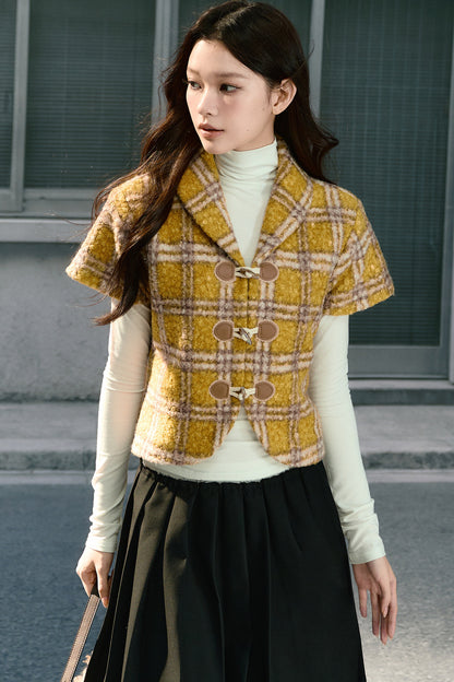 Retro Lapel Plaid Short-Sleeved Jacket