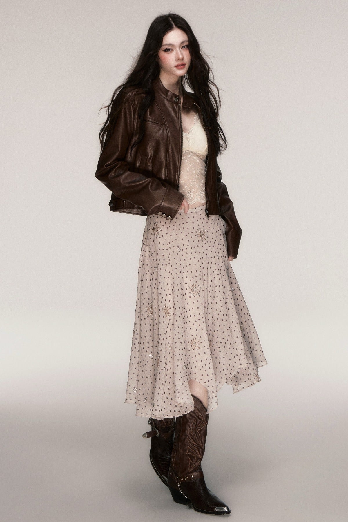 Brown Stand-Up Collar PU Leather Jacket
