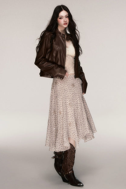 Brown Stand-Up Collar PU Leather Jacket