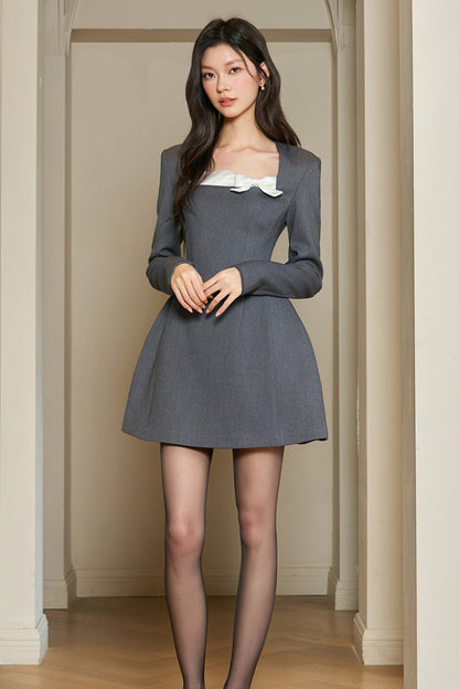 Gray Long Sleeve Square Neck Bow Bubble Dress