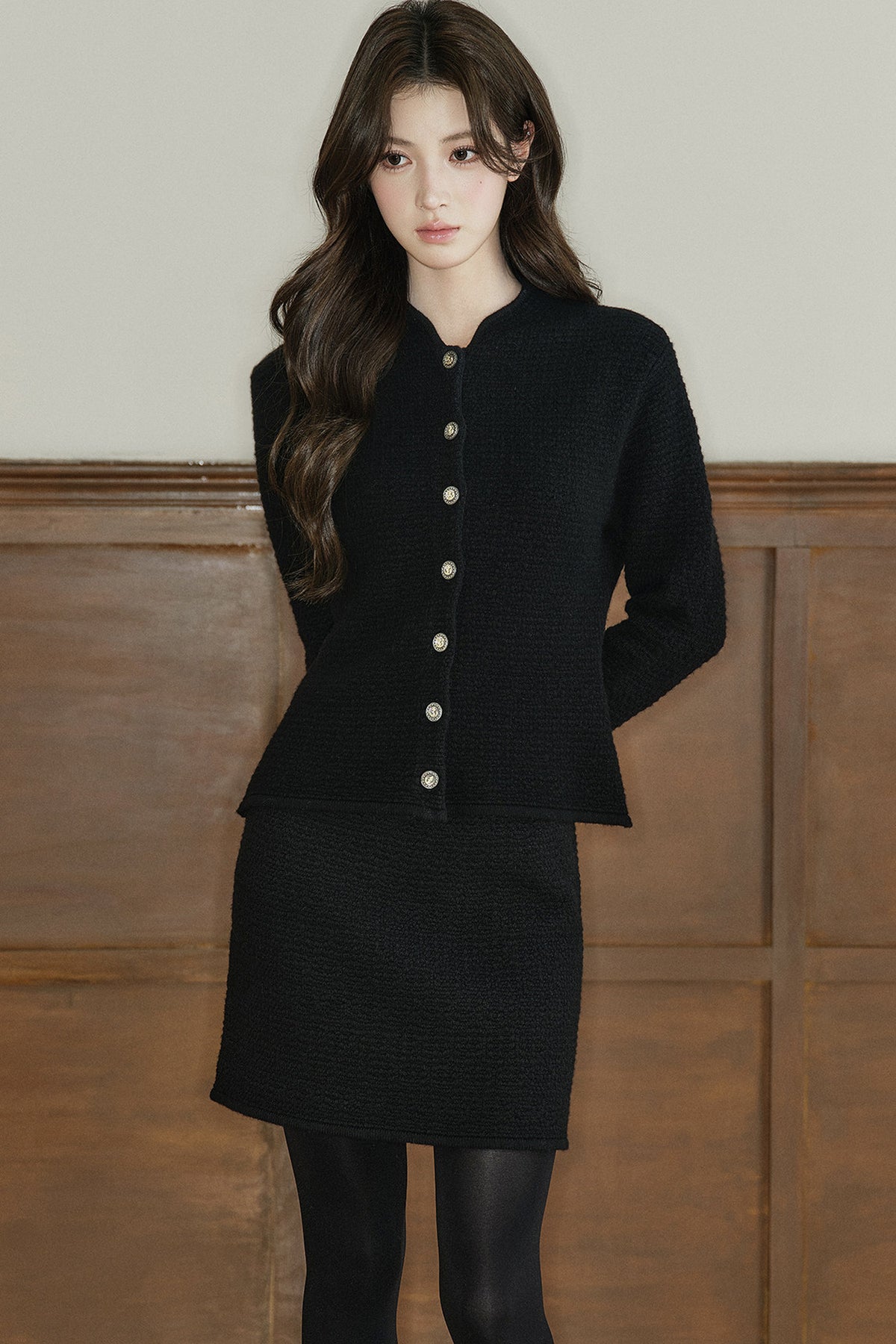Conjunto de chaqueta y falda de lana texturizada