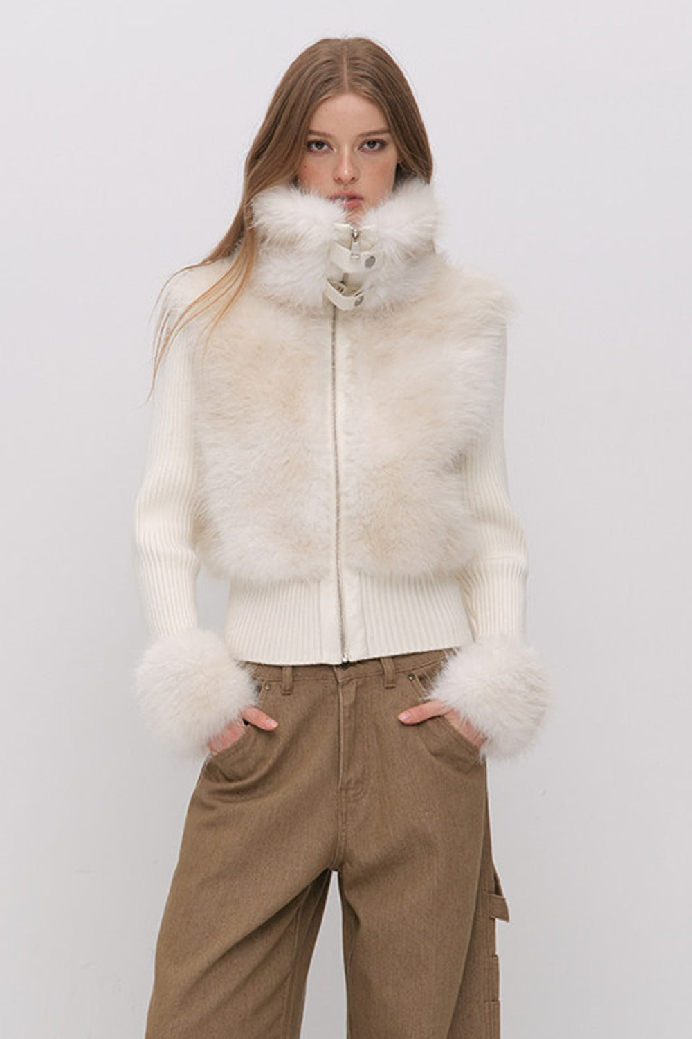Layered-Look Fur Patchwork Knit Jacket