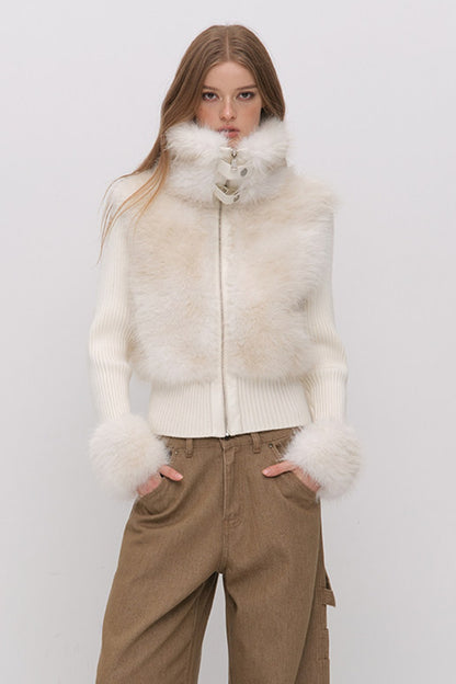 Layered-Look Fur Patchwork Knit Jacket