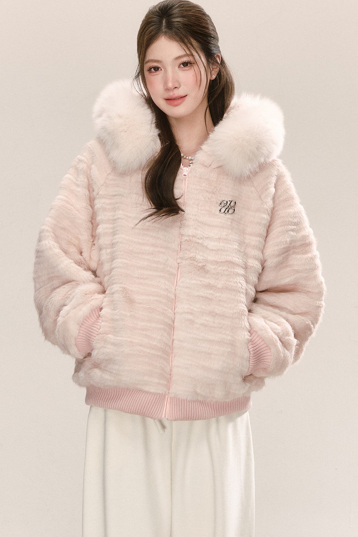 Pink Hooded Fur Collar Jacket