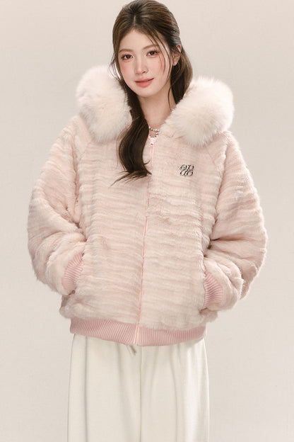 Pink Hooded Fur Collar Jacket