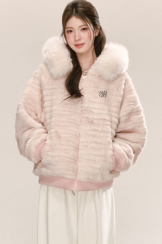 Pink Hooded Fur Collar Jacket